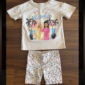 Cat & Jack Barbie Short Sleeve T Shirt and Bike Shorts Kids Set Cream Size 4T